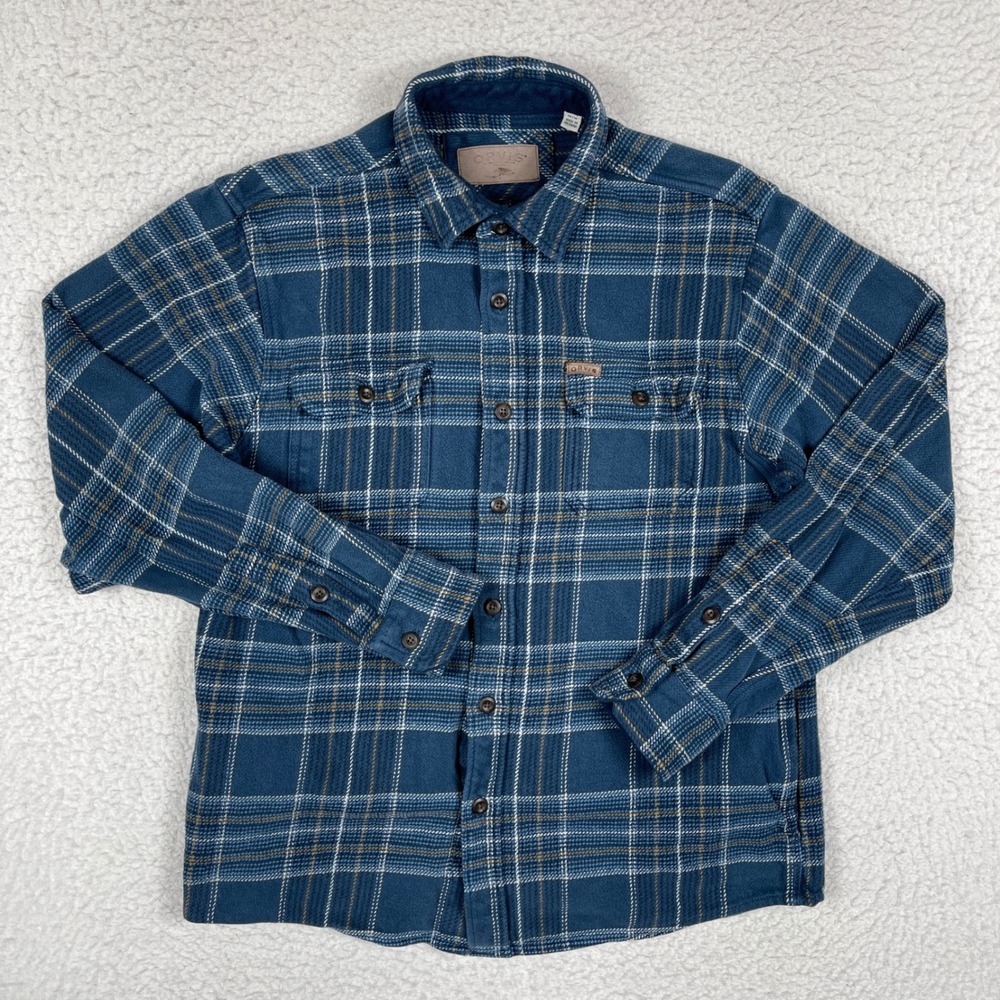 Orvis Flannel Shirt Mens Medium Blue Plaid Long Sleeve Rugged Outdoor Top